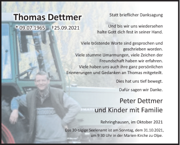 Traueranzeige von Thomas Dettmer von Siegener Zeitung