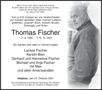 Traueranzeige von Thomas Fischer von Siegener Zeitung