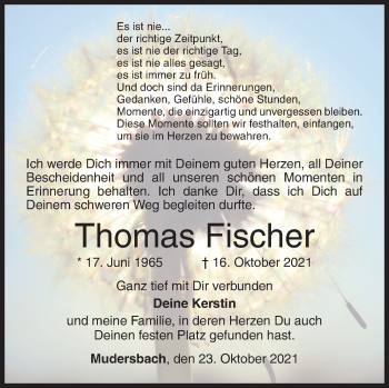 Traueranzeige von Thomas Fischer von Siegener Zeitung