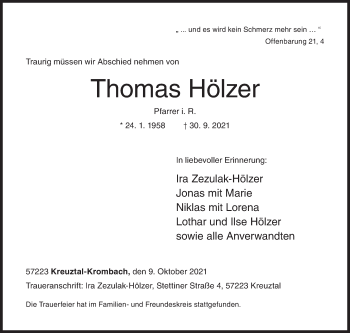 Traueranzeige von Thomas Hölzer von Siegener Zeitung