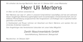 Traueranzeige von Uli Mertens von Siegener Zeitung
