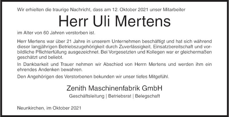  Traueranzeige für Uli Mertens vom 16.10.2021 aus Siegener Zeitung