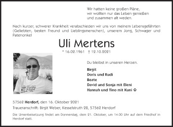 Traueranzeige von Uli Mertens von Siegener Zeitung