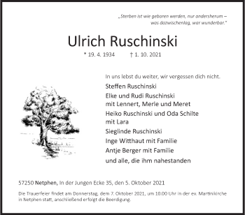 Traueranzeige von Ulrich Ruschinski von Siegener Zeitung