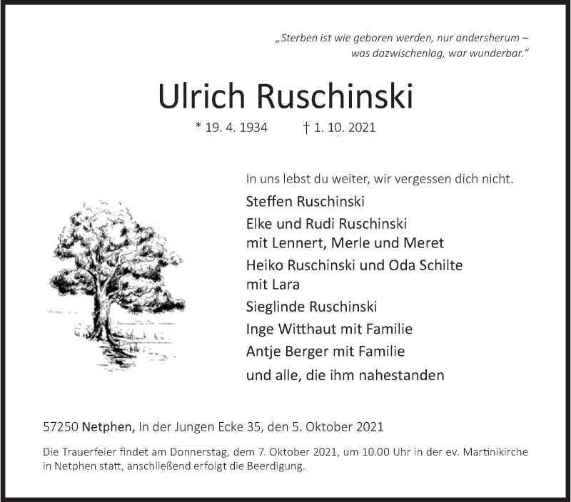  Traueranzeige für Ulrich Ruschinski vom 05.10.2021 aus Siegener Zeitung