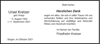 Traueranzeige von Ursel Kretzer von Siegener Zeitung