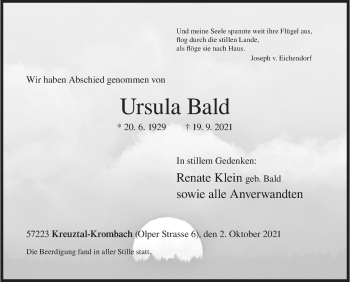 Traueranzeige von Ursula Bald von Siegener Zeitung