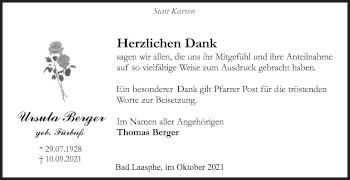 Traueranzeige von Ursula Berger von Siegener Zeitung
