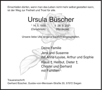 Traueranzeige von Ursula Büscher von Siegener Zeitung