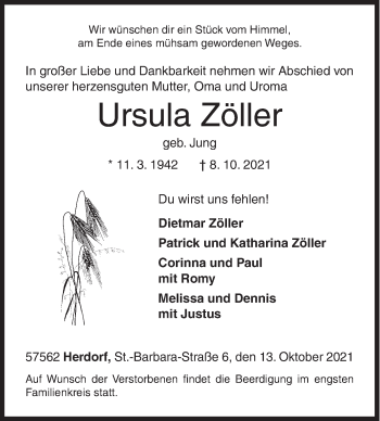 Traueranzeige von Ursula Zöller von Siegener Zeitung