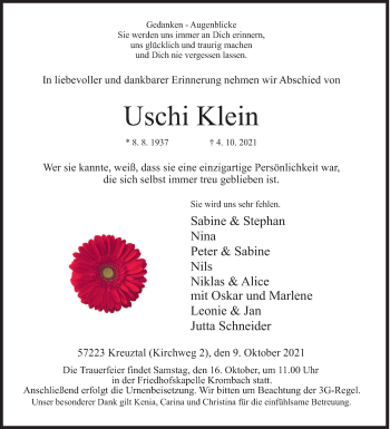 Traueranzeige von Uschi Klein von Siegener Zeitung