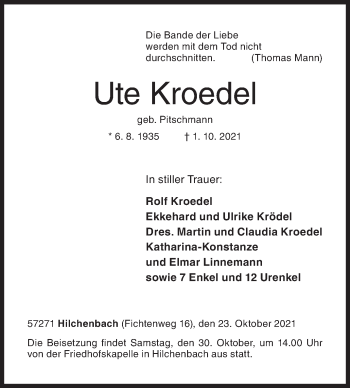 Traueranzeige von Ute Kroedel von Siegener Zeitung