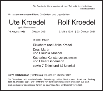 Traueranzeige von Ute und Rolf Kroedel von Siegener Zeitung