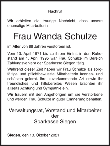 Traueranzeige von Wanda Schulze von Siegener Zeitung