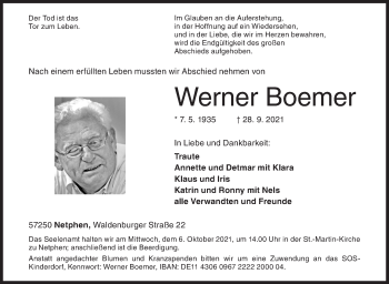 Traueranzeige von Werner Boemer von Siegener Zeitung