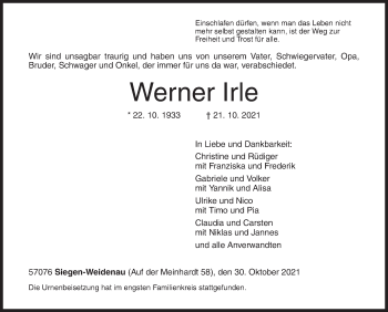 Traueranzeige von Werner Irle von Siegener Zeitung