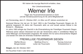 Traueranzeige von Werner Irle von Siegener Zeitung