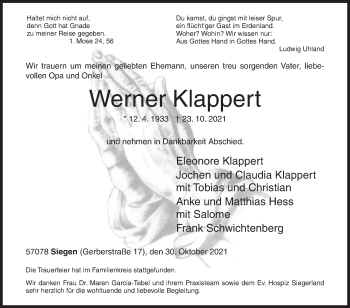 Traueranzeige von Werner Klappert von Siegener Zeitung