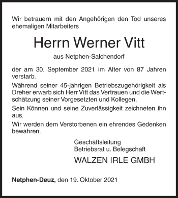 Traueranzeige von Werner Vitt von Siegener Zeitung