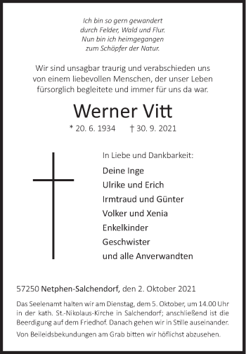 Traueranzeige von Werner Vitt von Siegener Zeitung