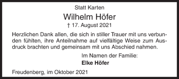 Traueranzeige von Wilhelm Höfer von Siegener Zeitung