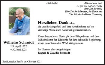 Traueranzeige von Wilhelm Schmidt von Siegener Zeitung