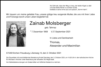 Traueranzeige von Zainab Molsberger von Siegener Zeitung