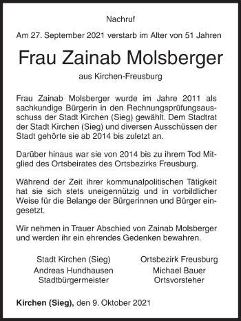 Traueranzeige von Zainab Molsberger von Siegener Zeitung