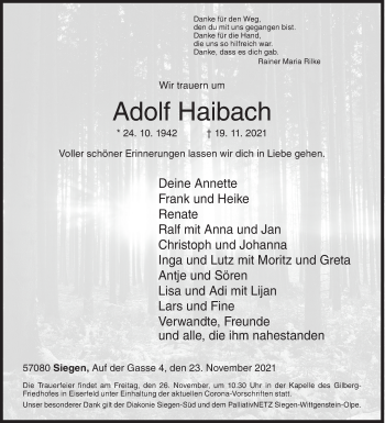 Traueranzeige von Adolf Haibach von Siegener Zeitung
