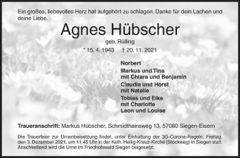 Traueranzeige von Agnes Hübscher von Siegener Zeitung
