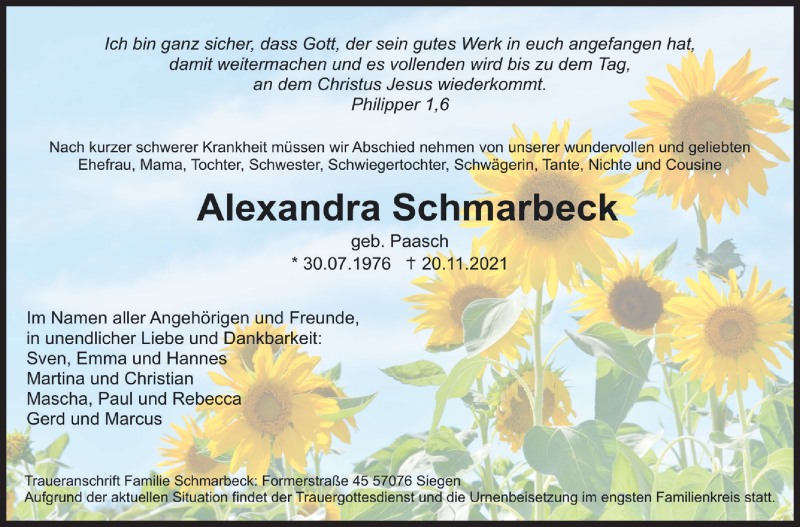  Traueranzeige für Alexandra Schmarbeck vom 24.11.2021 aus Siegener Zeitung