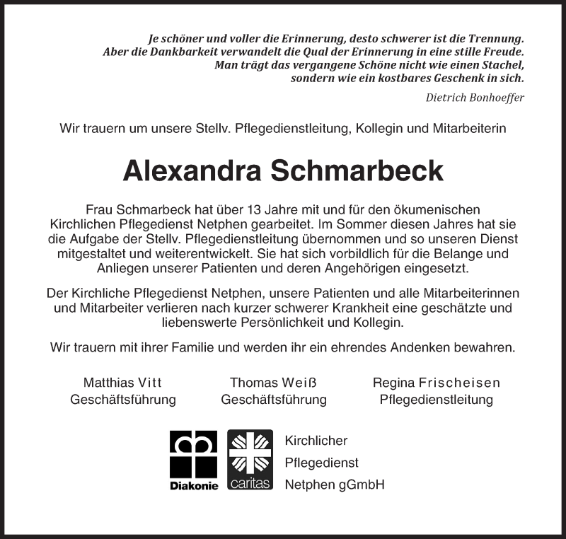  Traueranzeige für Alexandra Schmarbeck vom 25.11.2021 aus Siegener Zeitung