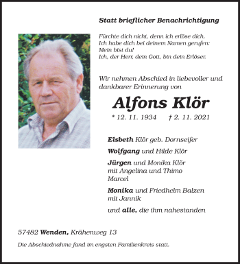 Traueranzeige von Alfons Klör von Siegener Zeitung