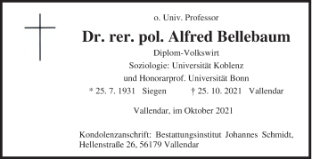 Traueranzeige von Alfred Bellebaum von Siegener Zeitung