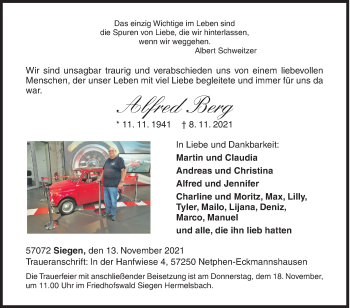 Traueranzeige von Alfred Berg von Siegener Zeitung