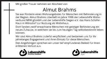 Traueranzeige von Almut Brahms von Siegener Zeitung