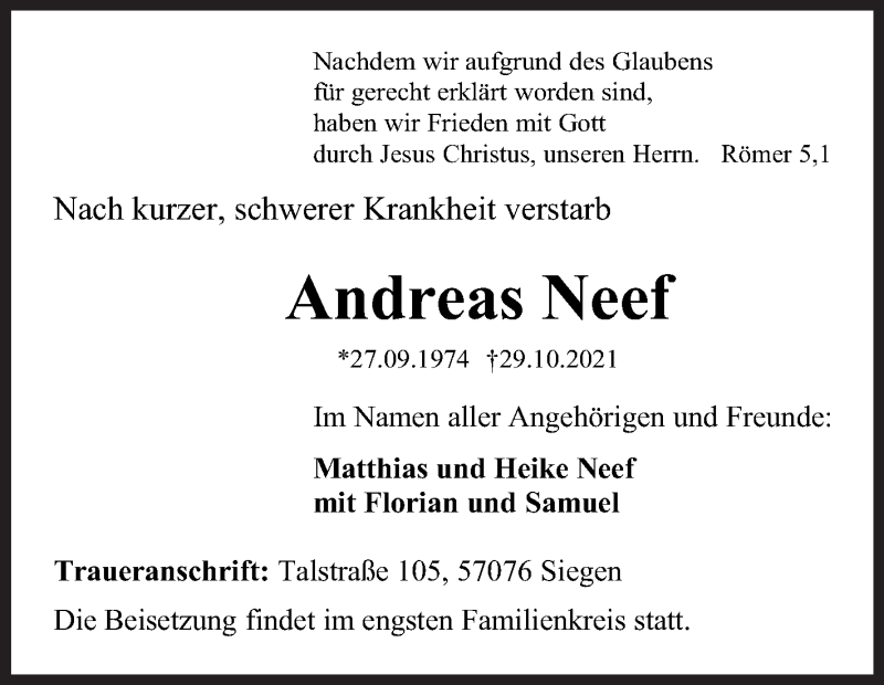  Traueranzeige für Andreas Neef vom 05.11.2021 aus Siegener Zeitung