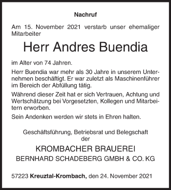 Traueranzeige von Andres Buendia von Siegener Zeitung