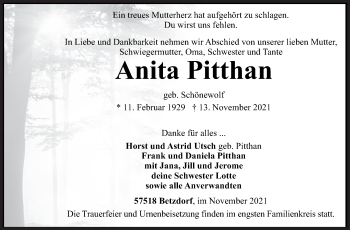 Traueranzeige von Anita Pitthan von Siegener Zeitung