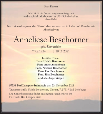 Traueranzeige von Anneliese Beschorner von Siegener Zeitung