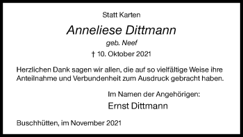 Traueranzeige von Anneliese Dittmann von Siegener Zeitung