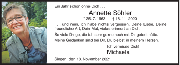 Traueranzeige von Annette Söhler von Siegener Zeitung