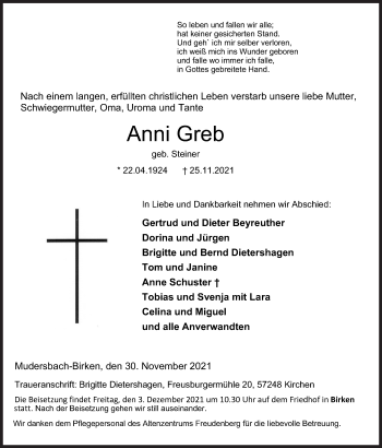 Traueranzeige von Anni Greb von Siegener Zeitung