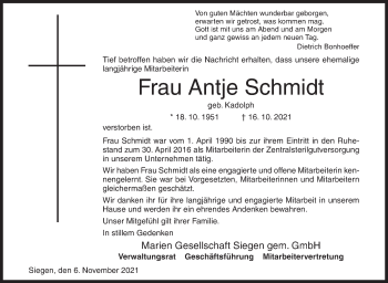 Traueranzeige von Antje Schmidt von Siegener Zeitung