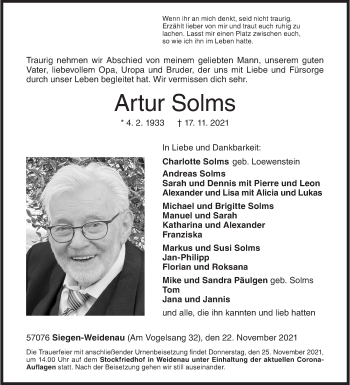 Traueranzeige von Artur Solms von Siegener Zeitung