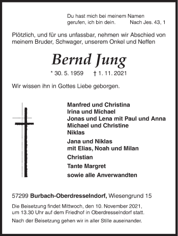 Traueranzeige von Bernd Jung von Siegener Zeitung