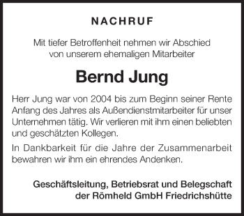 Traueranzeige von Bernd Jung von Siegener Zeitung