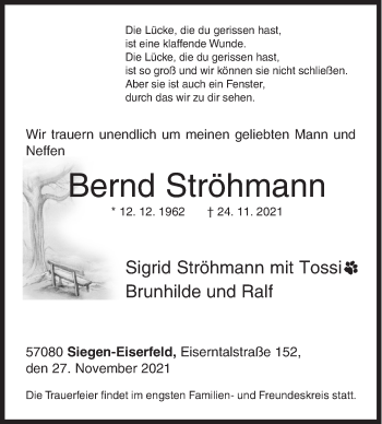 Traueranzeige von Bernd Ströhmann von Siegener Zeitung