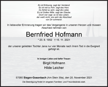 Traueranzeige von Bernfried Hofmann von Siegener Zeitung