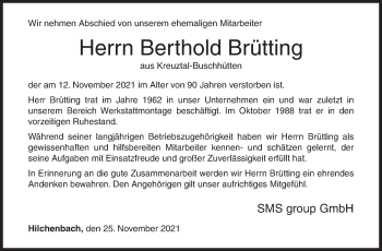 Traueranzeige von Berthold Brütting von Siegener Zeitung